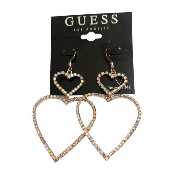 NEW GUESS DOUBLE HEART CRYSTALS DROP EARRINGS Stone Rhinestone Rose Gold Tone - Picture 1 of 8